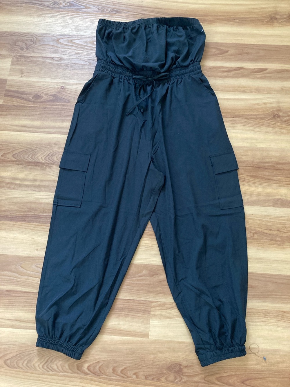 Strapless Black Cargo Jumpsuit with Elastic Waist Jogger Pants